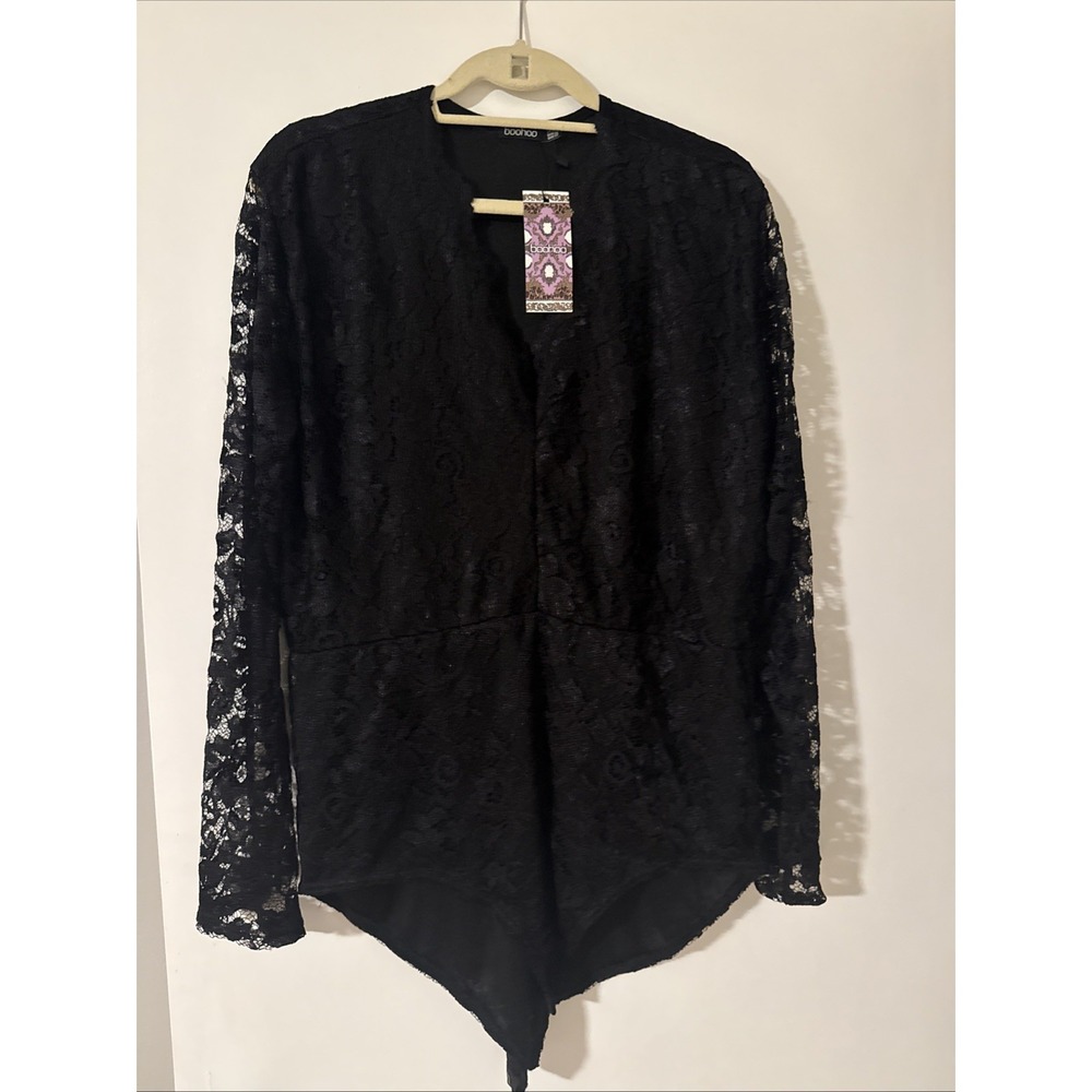 Boohoo Plus Lace Insert Long Sleeve Bodysuit- Size 20